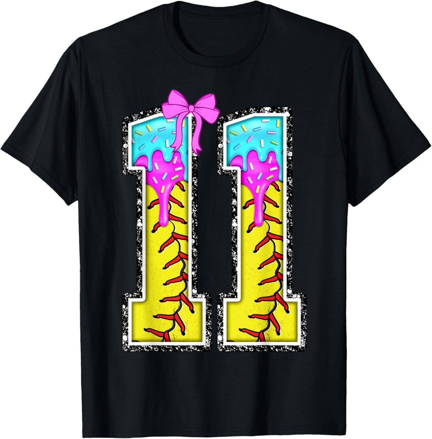 Softball 11 Year Old Ice Cream Drip 11th Birthday Girl Bow T-Shirt