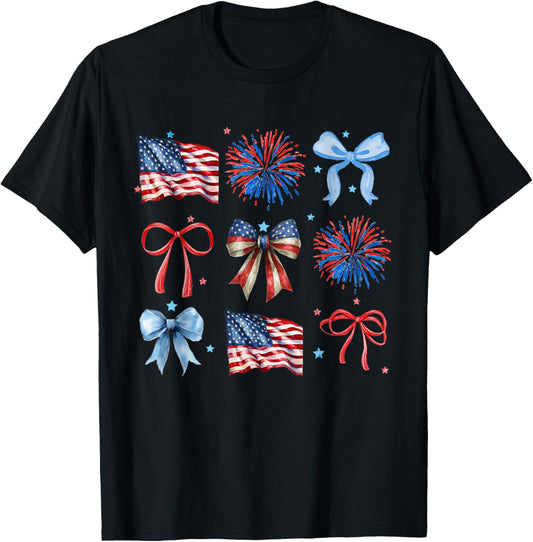 Patriotic 4th of July Coquette Bows USA Flag Fireworks Women T-Shirt