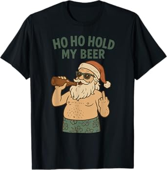 Funny Beach Santa – Ho Ho Hold My Beer, Middle Finger Bird T-Shirt