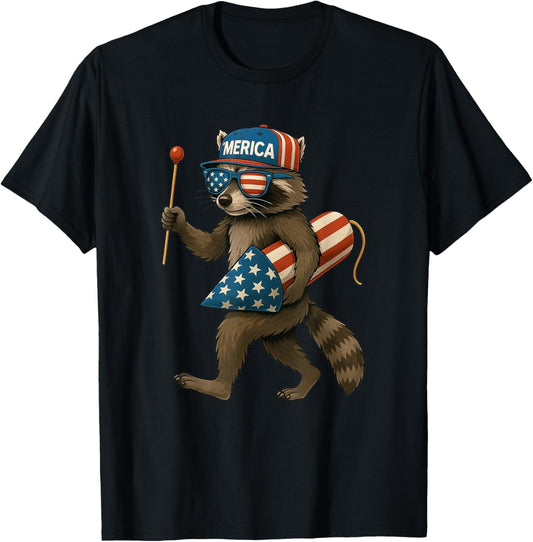 Funny Racoon Fireworks American Flag Patriotic 4th Of July T-shirt