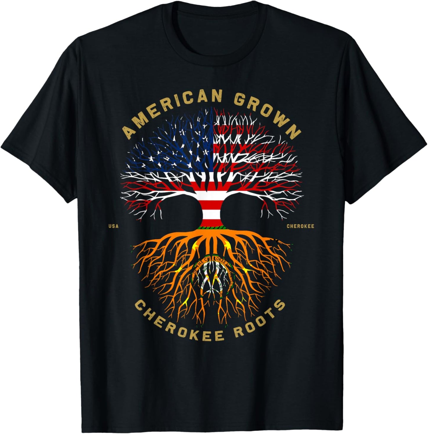 American Grown With Cherokee Roots Tree USA Flag T-Shirt