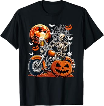 Skeleton Drinking Beer On Motorcycle Halloween Pumpkins T-Shirt