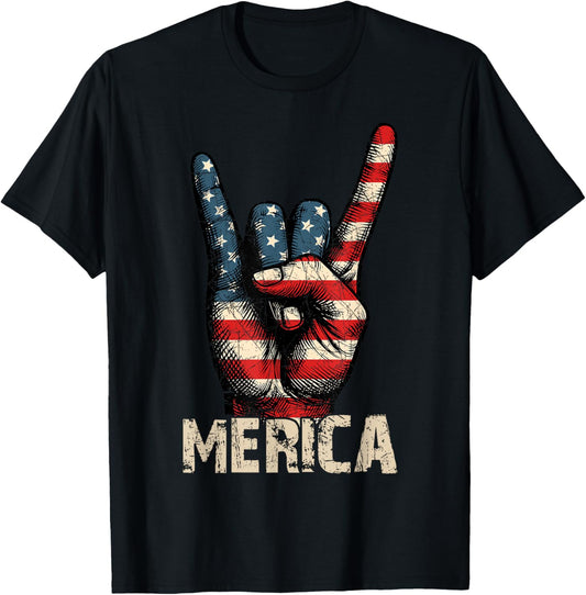 Retro Merica Rock Sign 4th Of July American Flag Men Women T-shirt