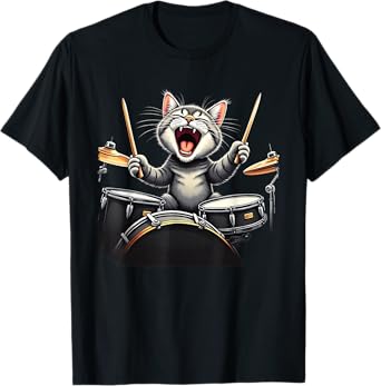 Funny Drumming Cat Shirt Rock Band Kitty Drummer Cat T-Shirt for Men Women Kids