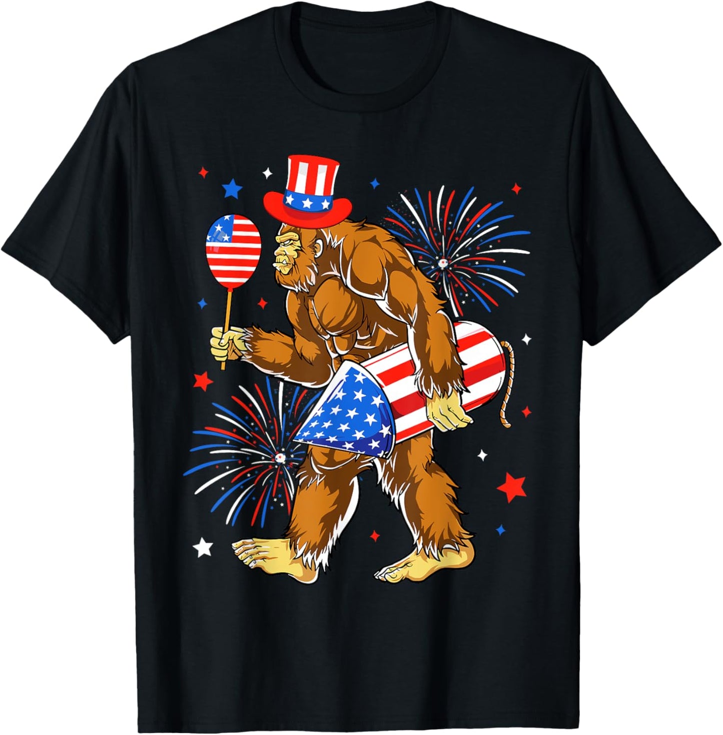 Bigfoot Firework American Flag Bigfoot 4th of July Sasquatch T-Shirt