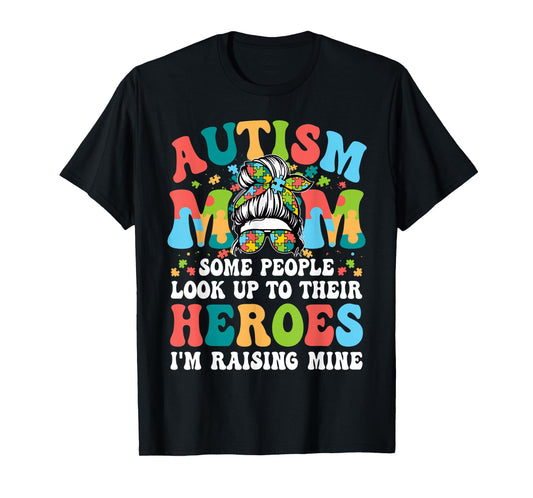 Autism Awareness Mom Raising Hero Messy Bun Puzzle Pieces T-Shirt