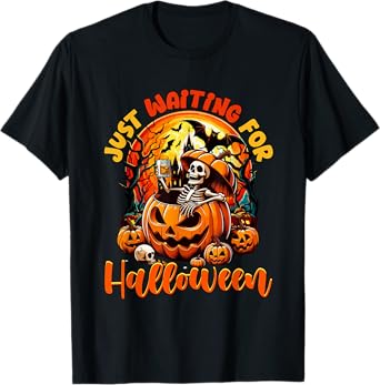 Waiting for Halloween Skeleton Drinking Whiskey Drinker T-Shirt