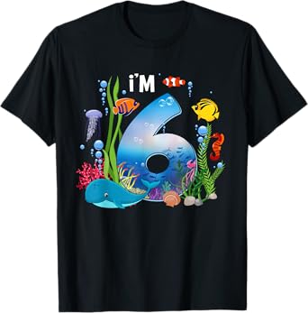 Kids 6 Year Old Ocean Life Whale Dolphin Shark 6th Birthday T-Shirt