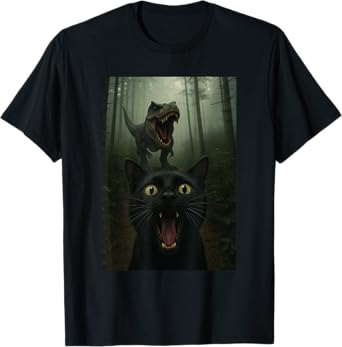 Black Cat Selfie With T-Rex Dinosaur Funny T-Shirt