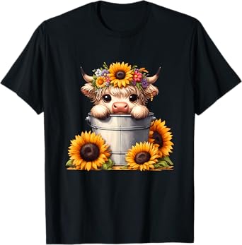 Cute Baby Highland Cow with Sunflowers in Bucket, Calf T-Shirt