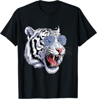 Cool Growling Bengal White Tiger with Sunglasses T-Shirt