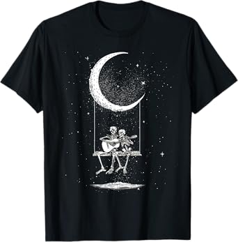 Skeleton Couple Moon Swing Guitar Lover Halloween Rock On T-Shirt