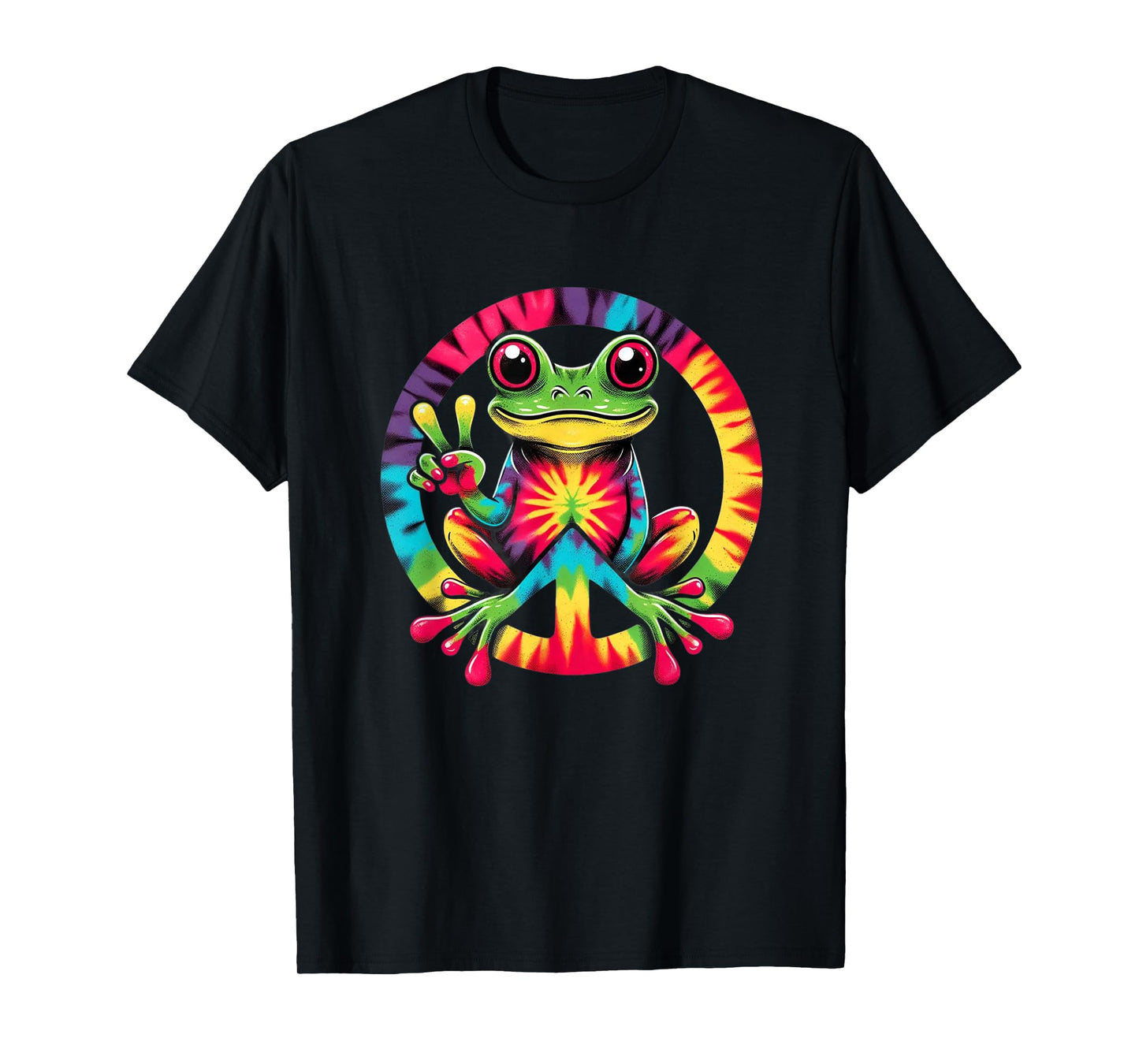 Colorful Tie Dye Collection Tie-Dye Frog Holding Peace Sign Funny Hippie T-Shirt