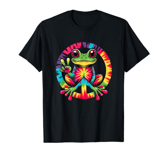Colorful Tie Dye Collection Tie-Dye Frog Holding Peace Sign Funny Hippie T-Shirt