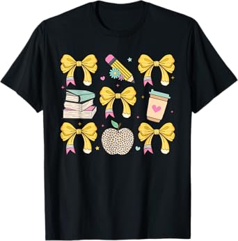 Back To School Yellow Bows Book Coffee Leopard Apple Teacher T-Shirt