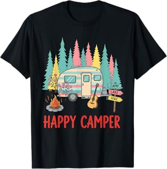 Funny Happy Camper Camping Apparel Trailer Kids Women T-Shirt