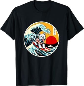 Great Wave Kanagawa Westie dog Surfing T-Shirt for Men Women Kids