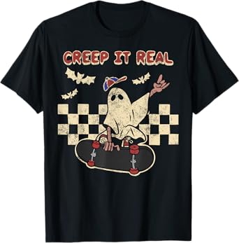 Halloween Boy Girl Retro Creep It Real Ghost on Skateboard T-Shirt