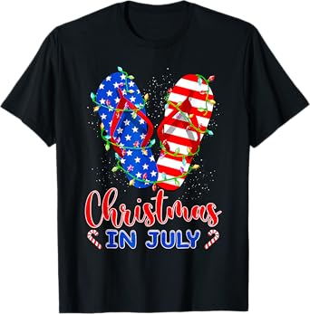 Funny American Flag Flip Flops Xmas Lights Christmas In July T-Shirt