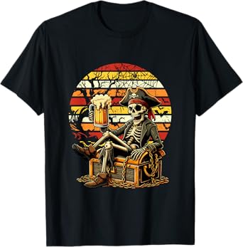 Vintage Retro Halloween Skeleton As Pirate Drinking Beer T-Shirt