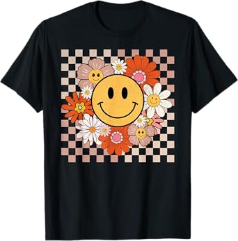Retro Groovy Smile Happy Face Flowers Checkered 70s Hippie T-Shirt