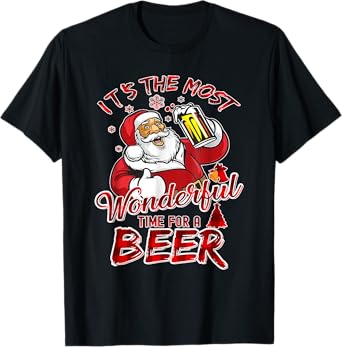 Funny Christmas Santa Claus Drinking Beer Wonderful Time T-Shirt