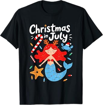 Mermaid Christmas In July Funny Summer Xmas Girls Teens Kids T-Shirt