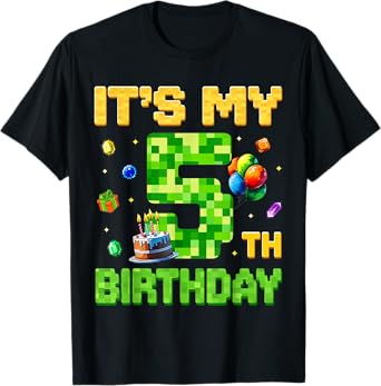 Funny Birthday Boy Kid It's My 5th Birthday Video Game Pixel T-Shirt