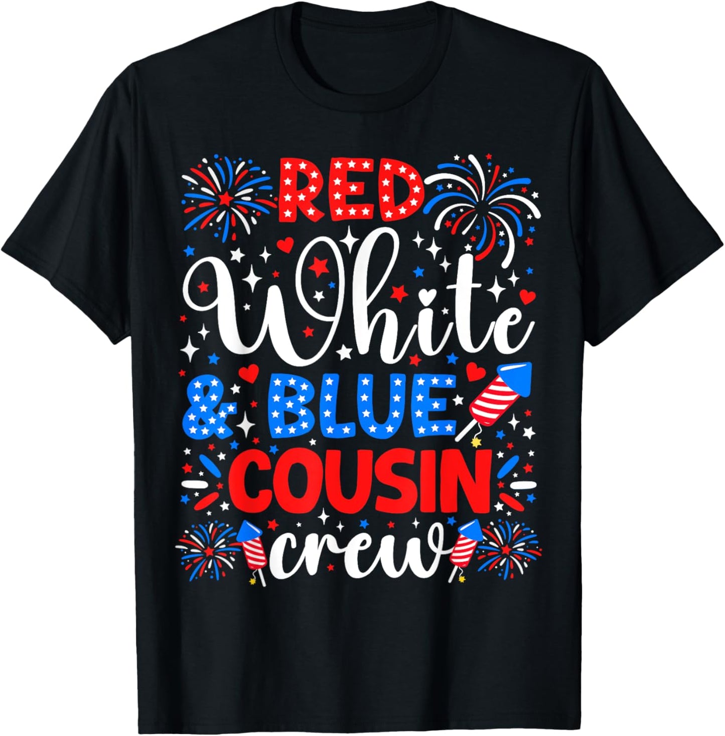 Red White Blue Cousin Crew 2025 4th July Fireworks Kids Boys T-Shirt