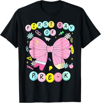 First Day of Pre-K Girls Coquette Bow Back to School Kids T-Shirt