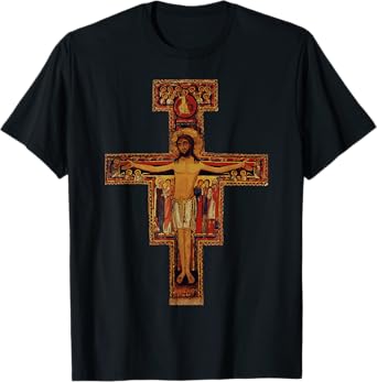 Happy Catholics Catholic Francis of Assisi San Damiano Cross T-Shirt - Black, Unisex Adult, Short Sleeve, Modern Religious Style, Casual, Size Small