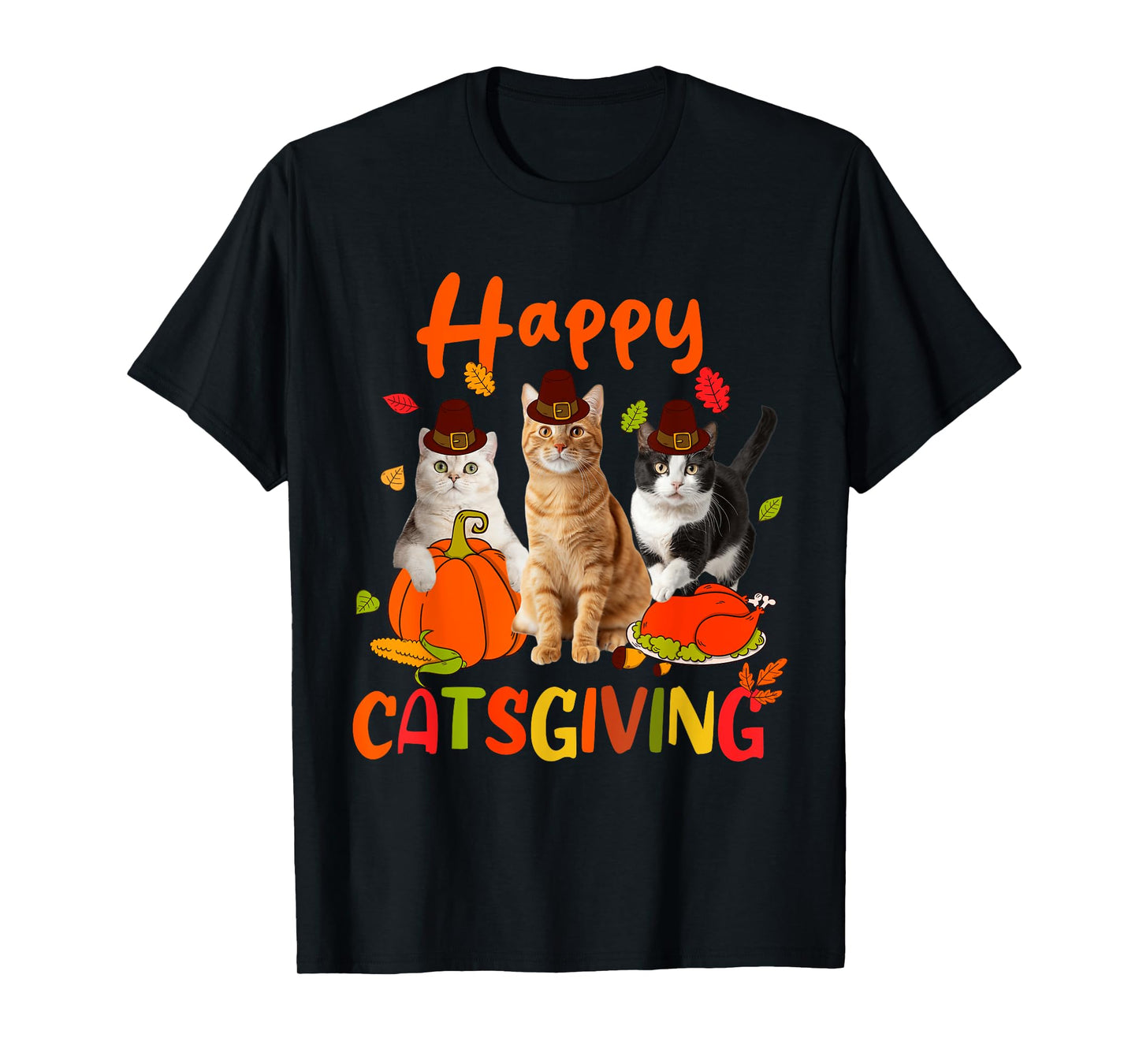 Happy Catsgiving Thanksgiving Kitten Cat Wears Pilgrim Hat T-Shirt