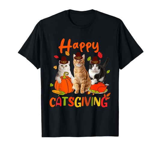 Happy Catsgiving Thanksgiving Kitten Cat Wears Pilgrim Hat T-Shirt