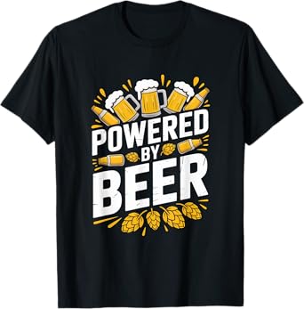 Powered by Beer Hops Mugs Bottles Fun T-Shirt