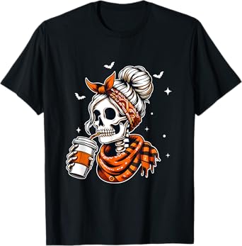 Halloween Skeleton Messy Bun Coffee Funny Halloween Mom T-Shirt