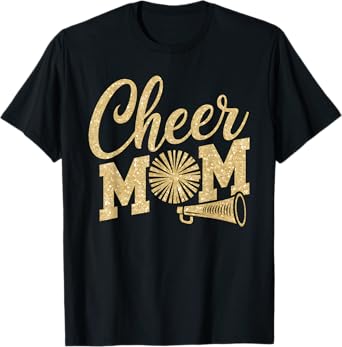 Cheer Mom Biggest Fan Cheerleader Black Yellow Gold Pom Pom T-Shirt