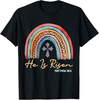 He Is Risen Easter Jesus Christian Cross Rainbow Teens Kids T-Shirt