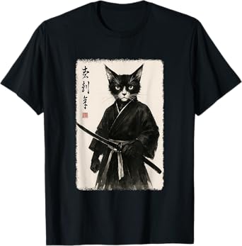 Samurai Cat Funny Vintage Japanese Graphic Art T-Shirt