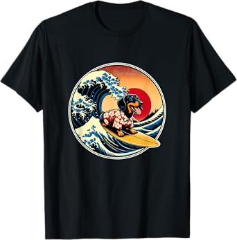 Great Wave Kanagawa Weiner Dachshund Dog Surfing Men Women Kids T-Shirt