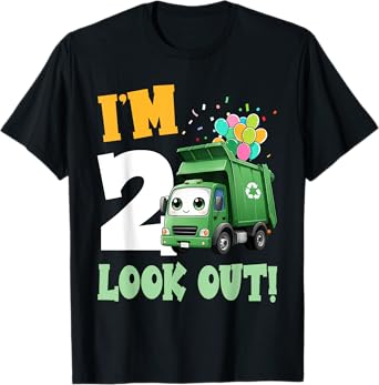 2nd Birthday I'm 2 Look Out Garbage Truck Bday Boys Kids T-Shirt