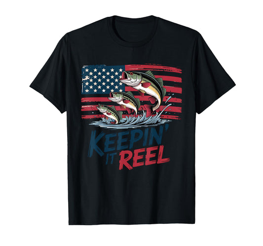 Keepin It Reel Bass Fishing American Flag - Patriotic Angler T-Shirt