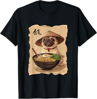 Men Woman Kawaii Eating Ramen Japanese Pug T-Shirt