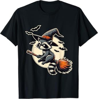 Raccoon Witch on Broom Halloween T-Shirt