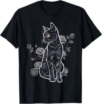 Black Roses Alt Aesthetic Nu Goth Teen Goth Cat T-Shirt for Men Women Girls Kids
