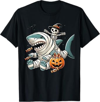 Skeleton Riding Shark Funny Halloween Pumpkin Boys Kids T-Shirt