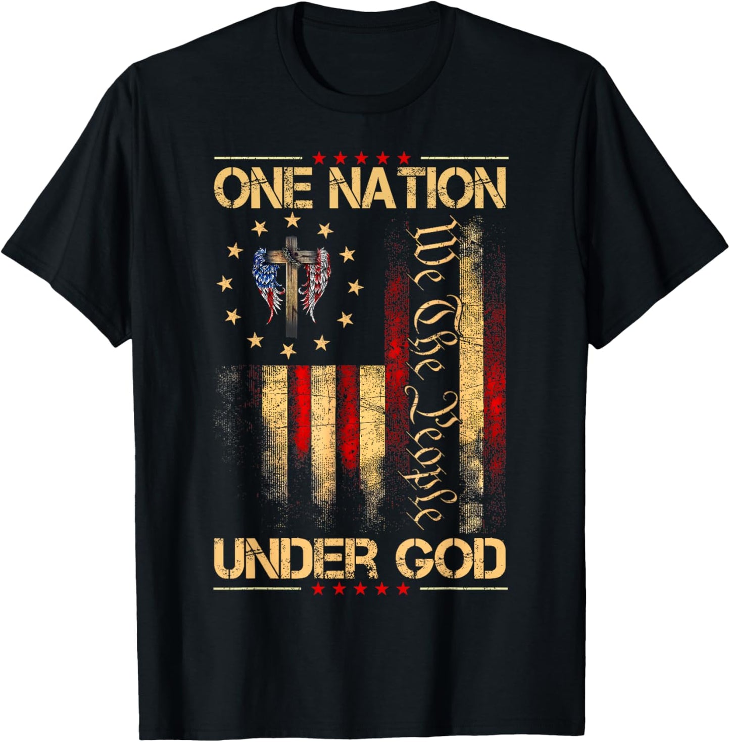 Retro One Nation Under God American Flag Cross 4th Of July T-shirt