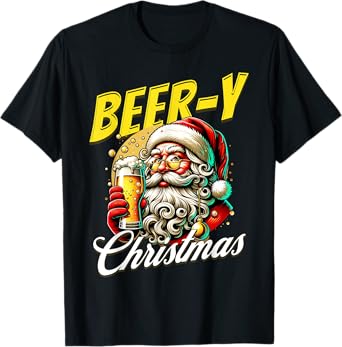 Beer-Y Christmas Beer and Santa Funny Holiday Pun T-Shirt