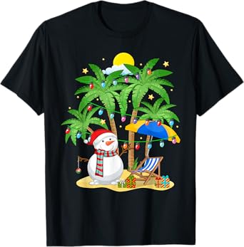 Christmas in July Snowman on Palm Tree Tropical Beach T-Shirt
