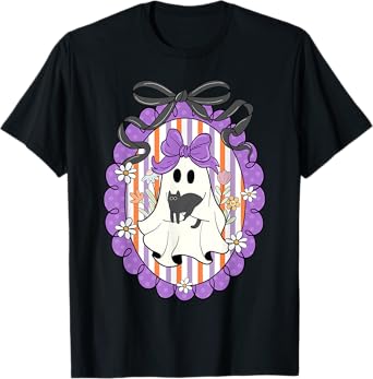 Funny Ghost Black Cat Coquette Bow Spooky Season Halloween T-Shirt