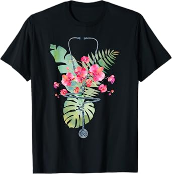 Stethoscope Tropical Flowers Summer Aloha Hawaii RN Nurse T-Shirt